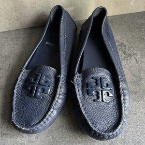 Tory Burch Lowell 2 Driver Blue Tumbled Leather Size 7M Moccasin Shoes